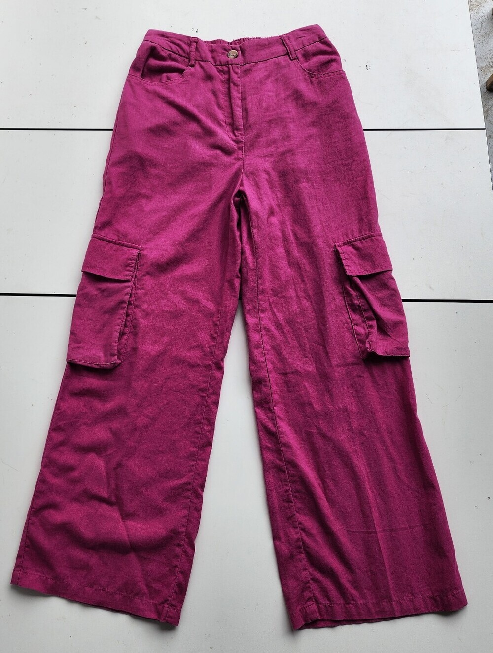 HG Ladies Cargo Pants in Dark Pink Linen Blend Pockets Wide Leg Sz SP2